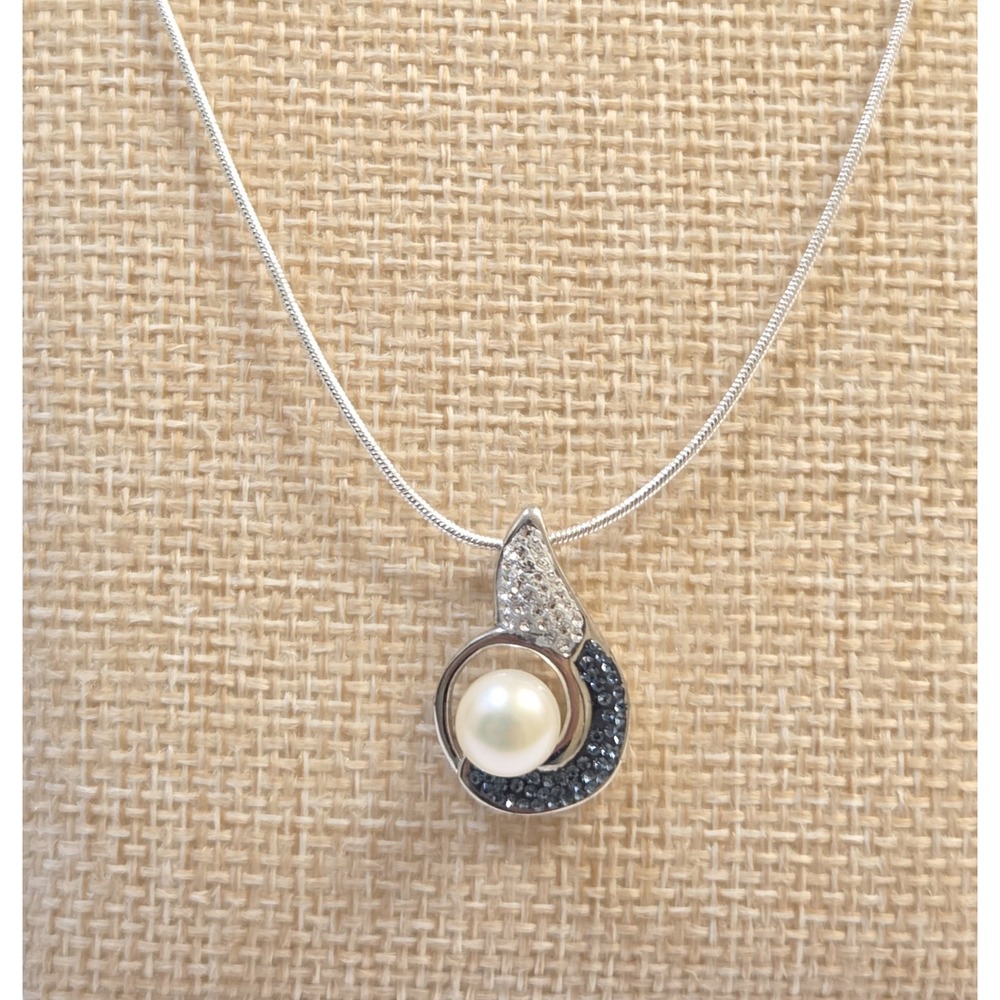 Unique Sterling Silver Cultured Pearl Pavé Pendant On 24" Snake Braid Necklace